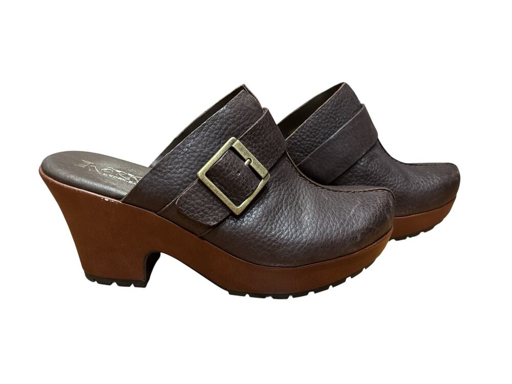 Kork ease mantha platform leather buckle brown clogs women’s size 10. Slip on